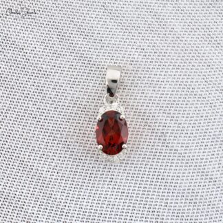Double Birthstone Pendant With 7x5mm Garnet & Half Halo Diamond 14k White Gold Necklace