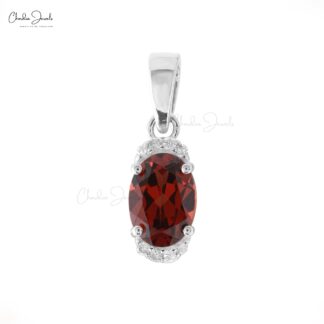 Double Birthstone Pendant With 7x5mm Garnet & Half Halo Diamond 14k White Gold Necklace