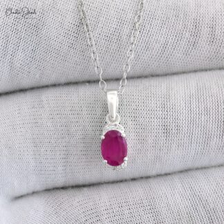 Solid 14k White Gold Dangle Pendant In 0.72 Ct Ruby And Diamond Half Halo Necklace