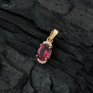 Oval Gemstone Dangle Pendant in 14k Yellow Gold Rhodolite And Diamond Half Halo Necklace