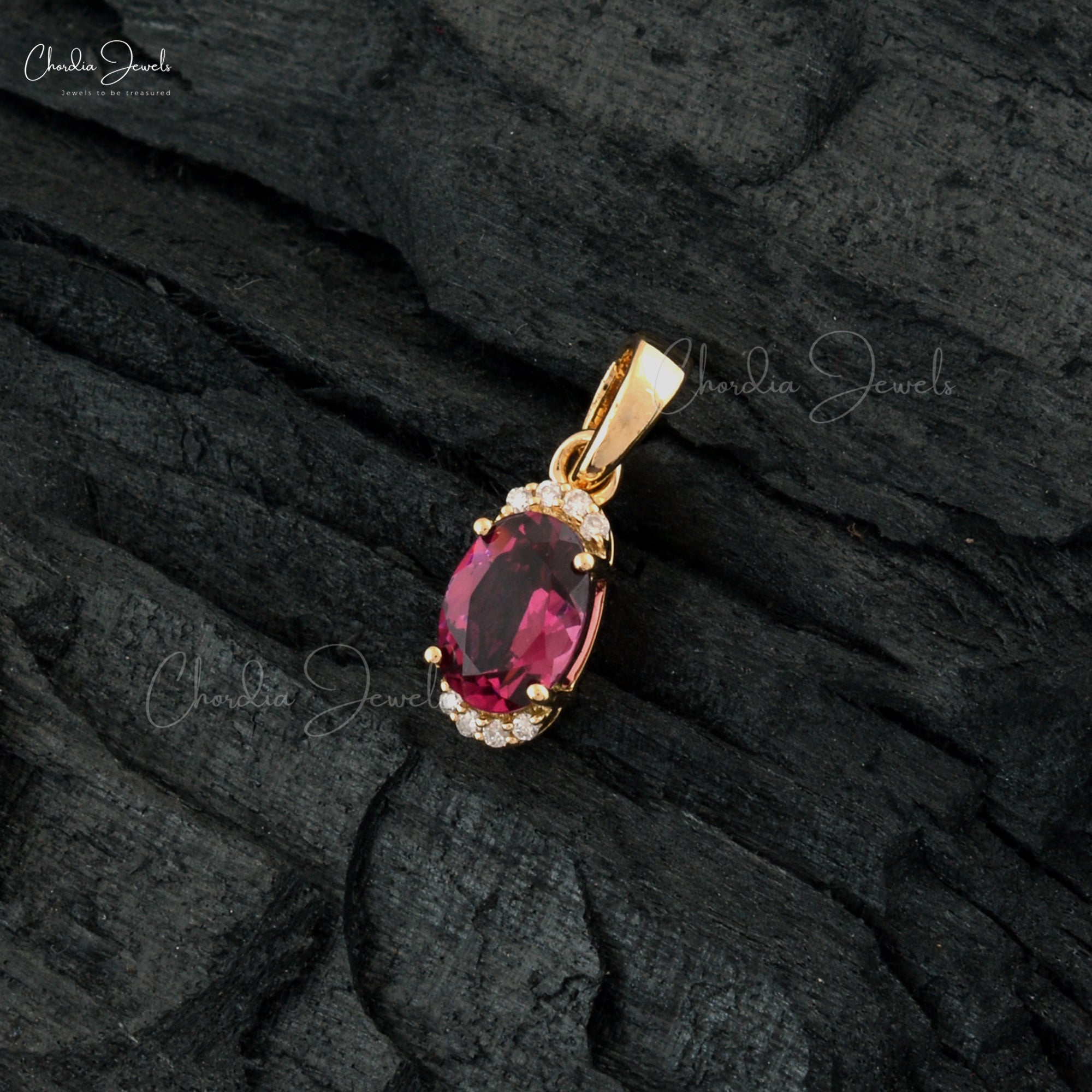 Oval Gemstone Dangle Pendant in 14k Yellow Gold Rhodolite And Diamond Half Halo Necklace