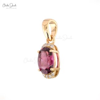 Oval Gemstone Dangle Pendant in 14k Yellow Gold Rhodolite And Diamond Half Halo Necklace