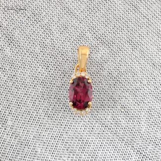 Oval Gemstone Dangle Pendant in 14k Yellow Gold Rhodolite And Diamond Half Halo Necklace