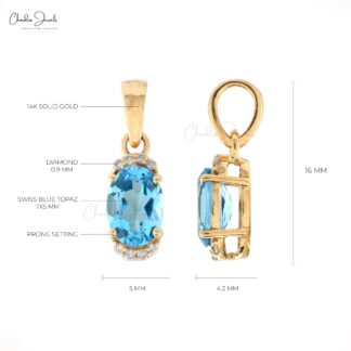 Pure 14k Yellow Gold Dangle Charm With 7x5mm Oval Swiss Blue Topaz Diamond Women Pendant
