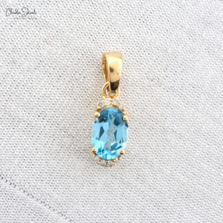 Pure 14k Yellow Gold Dangle Charm With 7x5mm Oval Swiss Blue Topaz Diamond Women Pendant
