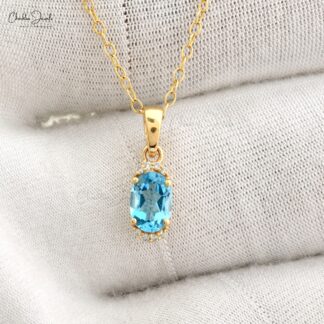 Pure 14k Yellow Gold Dangle Charm With 7x5mm Oval Swiss Blue Topaz Diamond Women Pendant