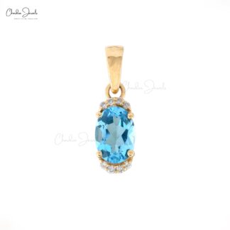 Pure 14k Yellow Gold Dangle Charm With 7x5mm Oval Swiss Blue Topaz Diamond Women Pendant