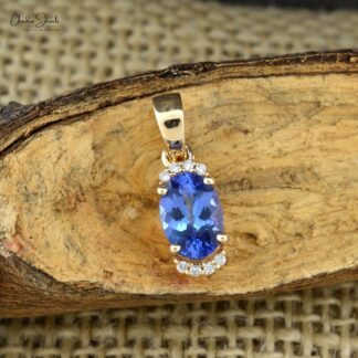 Real 14k Yellow Gold Natural Tanzanite Half Halo Pendant 7x5mm Oval Cut Gemstone Pendant Dainty Diamond Jewelry For Gift