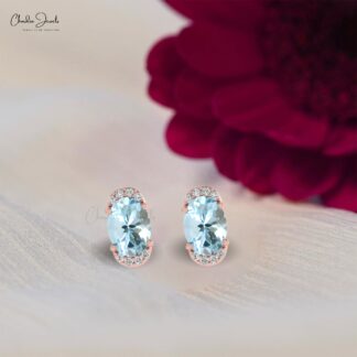 Fine Jewelry AAA Aquamarine & Diamond Half Halo Stud Earrings in 14K Gold