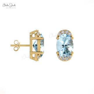 Fine Jewelry AAA Aquamarine & Diamond Half Halo Stud Earrings in 14K Gold