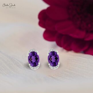 Solid 14k Gold Diamond Half Halo Studs With Push Back, 7x5mm Oval Cut 4-Prong Set Authentic Amethsyt Stud Earrings, 1.44 Ct February Birthstone Purple Gemstone Gift Jewelry