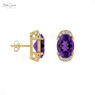Solid 14k Gold Diamond Half Halo Studs With Push Back, 7x5mm Oval Cut 4-Prong Set Authentic Amethsyt Stud Earrings, 1.44 Ct February Birthstone Purple Gemstone Gift Jewelry