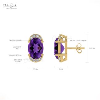 Solid 14k Gold Diamond Half Halo Studs With Push Back, 7x5mm Oval Cut 4-Prong Set Authentic Amethsyt Stud Earrings, 1.44 Ct February Birthstone Purple Gemstone Gift Jewelry