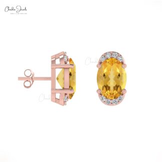 Genuine Citrine Pave Set Earrings 7x5mm Oval Gemstone Half Halo Studs 14k Real Gold Diamond Hallmarked Jewelry For Women’s