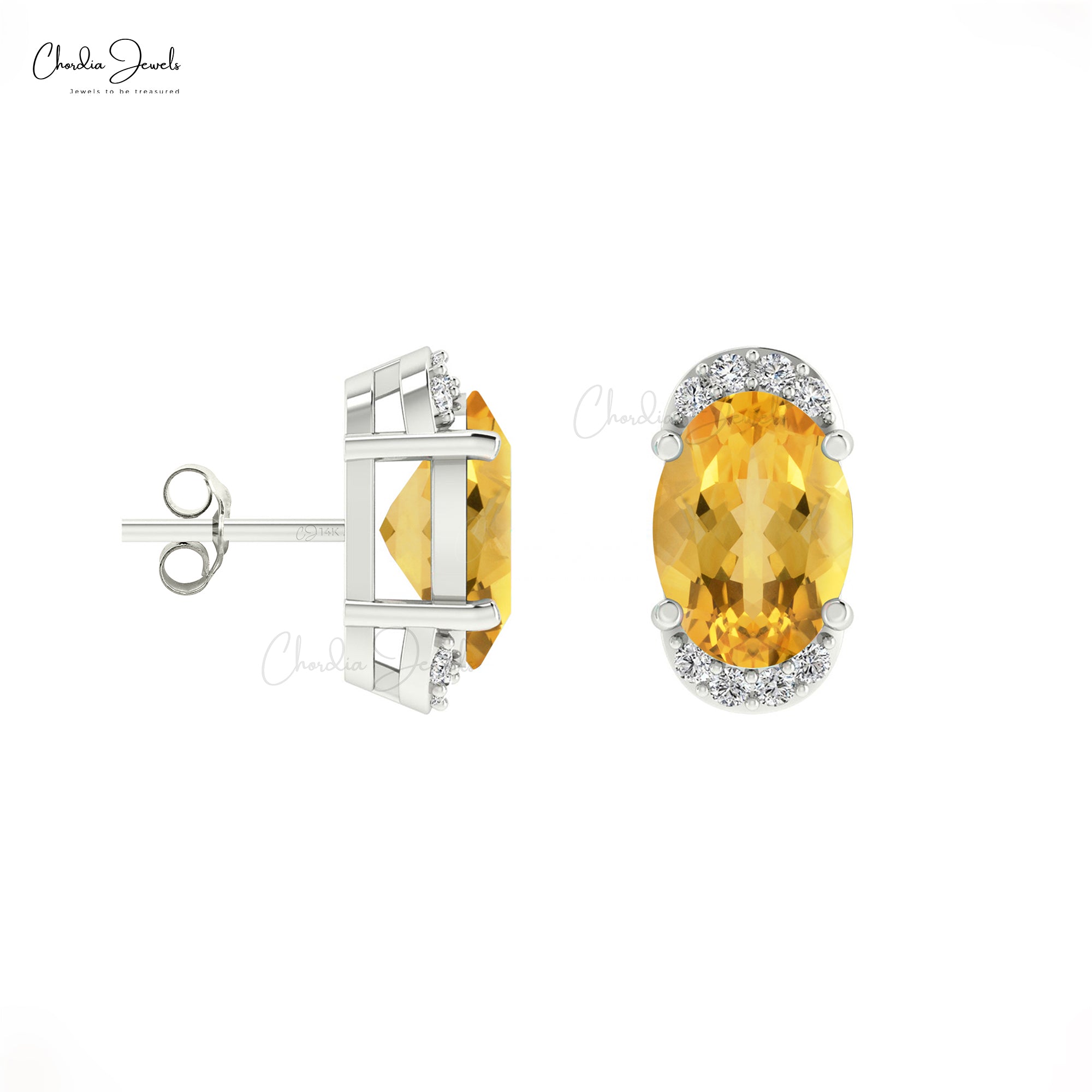 Genuine Citrine Pave Set Earrings 7x5mm Oval Gemstone Half Halo Studs 14k Real Gold Diamond Hallmarked Jewelry For Women’s