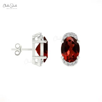 Natural Garnet Gemstone 14K Solid Gold White Diamond Half Halo Stud Earrings
