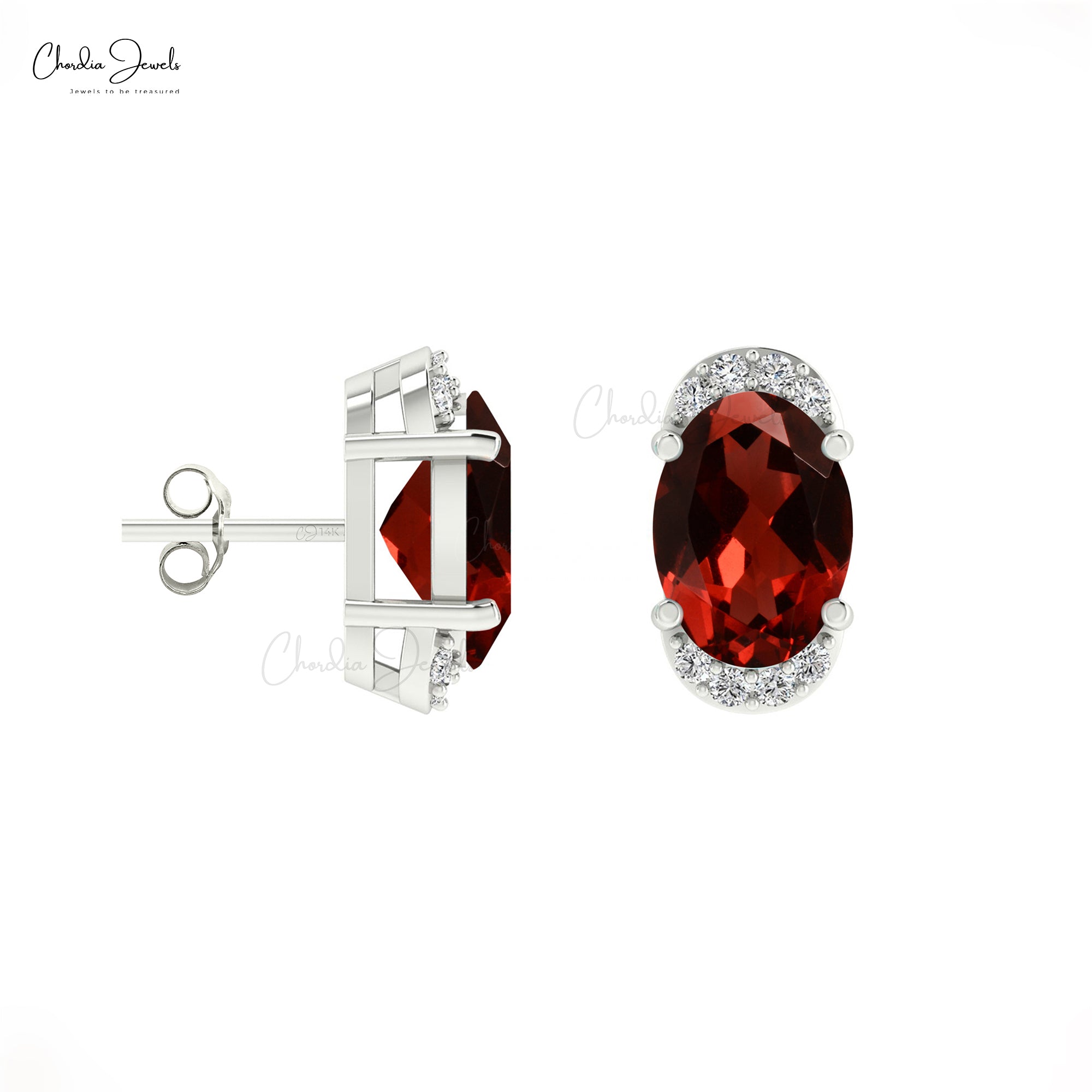 Natural Garnet Gemstone 14K Solid Gold White Diamond Half Halo Stud Earrings