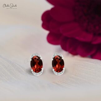 Natural Garnet Gemstone 14K Solid Gold White Diamond Half Halo Stud Earrings