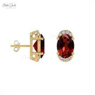 Natural Garnet Gemstone 14K Solid Gold White Diamond Half Halo Stud Earrings