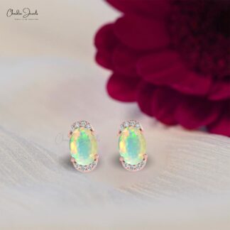 Natural October Birthstone Opal & Real Dimond Half Halo Earrings In 14K Gold For Gift