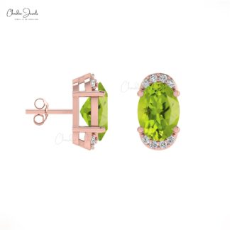 Genuine Peridot Dainty Earrings 7x5mm Oval Gemstone Half Halo Studs 14k Real Gold Diamond Antique Style Jewelry For Bridal