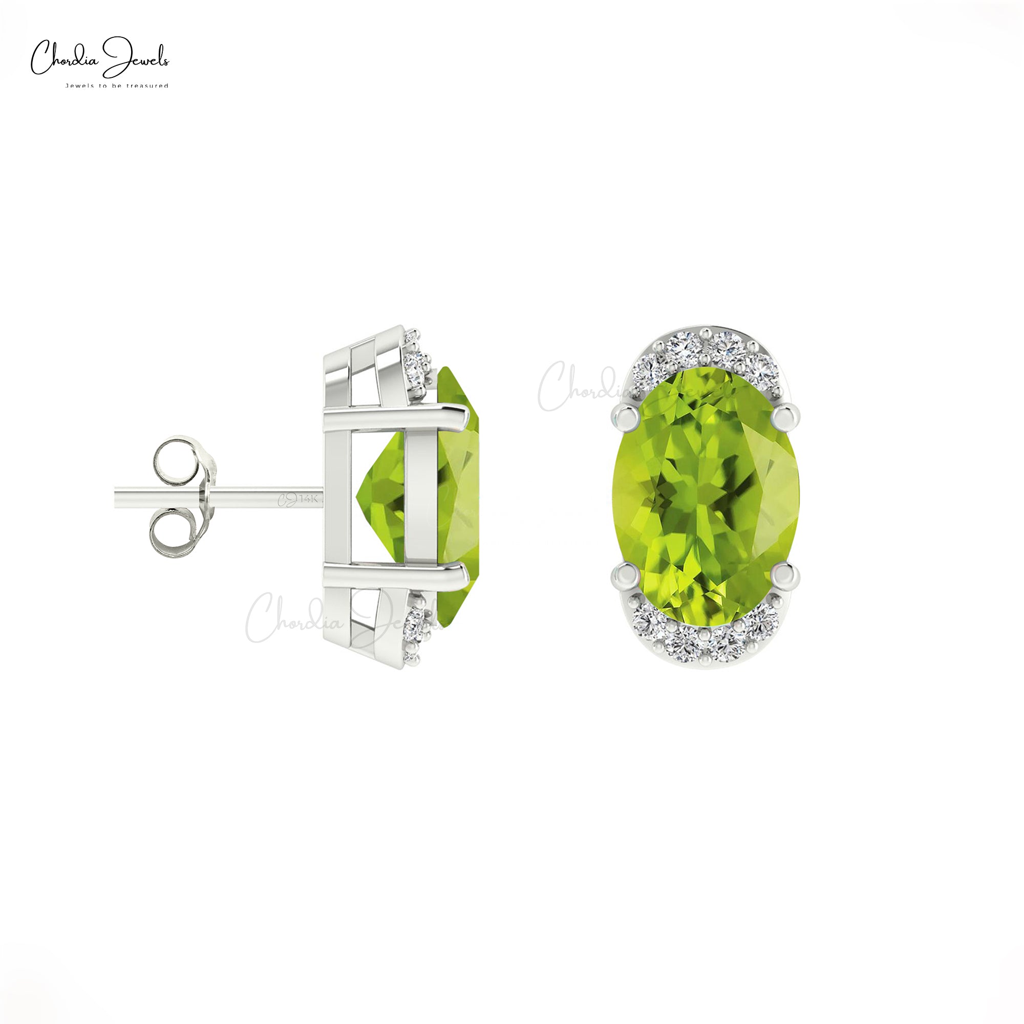 Genuine Peridot Dainty Earrings 7x5mm Oval Gemstone Half Halo Studs 14k Real Gold Diamond Antique Style Jewelry For Bridal