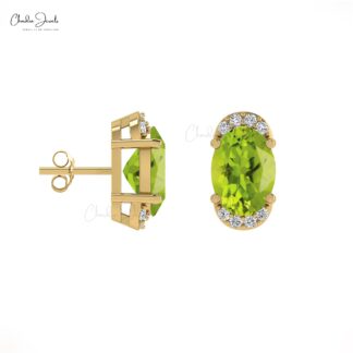 Genuine Peridot Dainty Earrings 7x5mm Oval Gemstone Half Halo Studs 14k Real Gold Diamond Antique Style Jewelry For Bridal