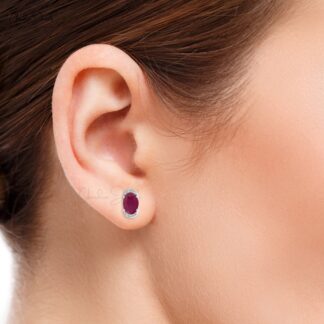 Half Halo Diamond And 1.44Ct Burma Ruby July Birthstone Accents In 14k Solid Gold Studs