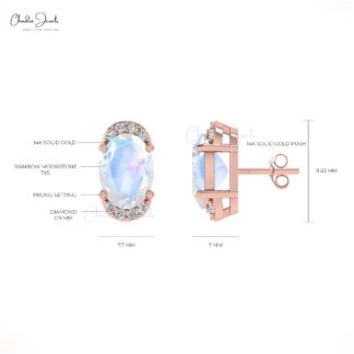 AAA Quality June Birthstone Rainbow Moonstone 14K Gold Diamond Half Halo Stud Earrings