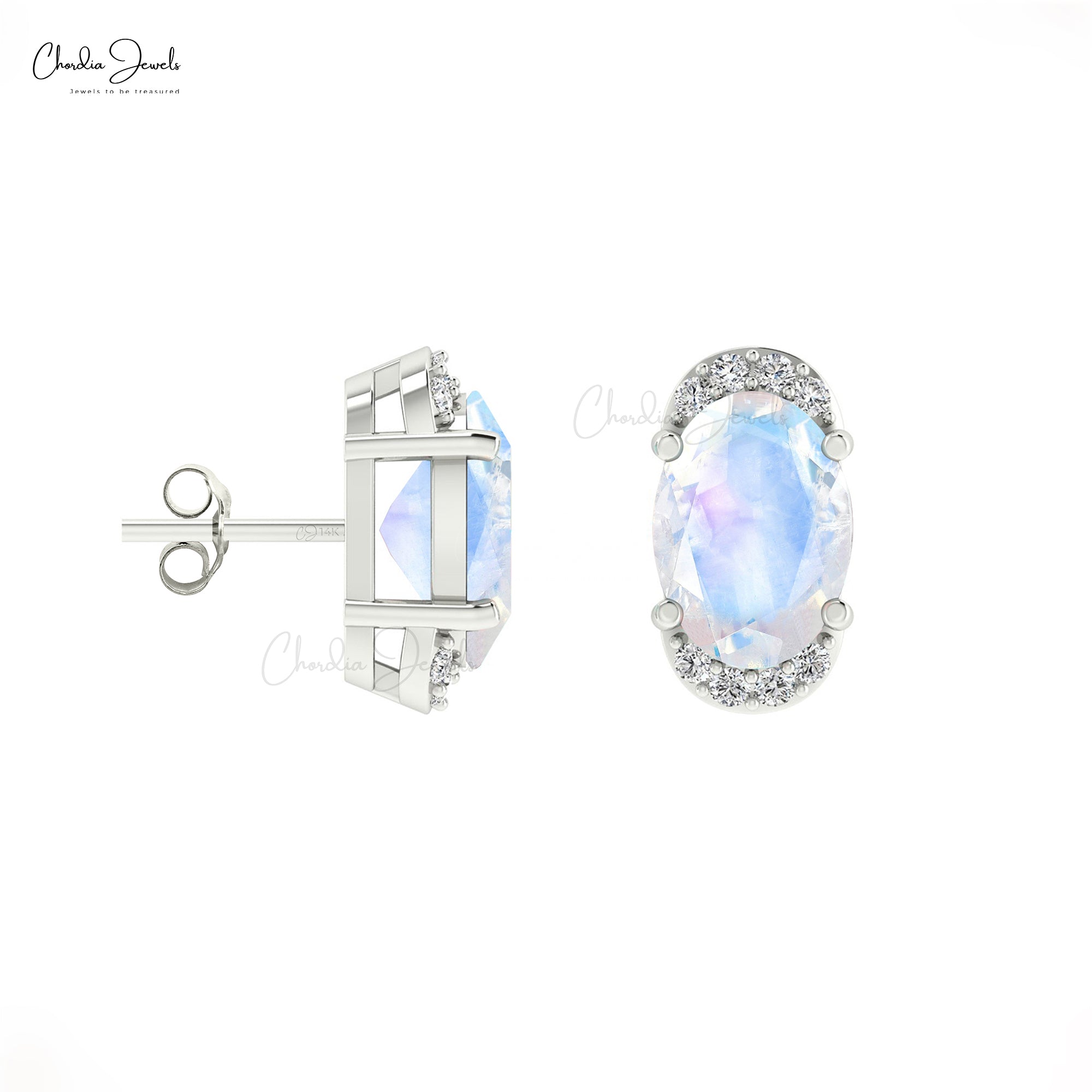 AAA Quality June Birthstone Rainbow Moonstone 14K Gold Diamond Half Halo Stud Earrings