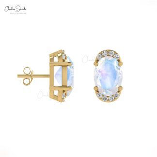 AAA Quality June Birthstone Rainbow Moonstone 14K Gold Diamond Half Halo Stud Earrings