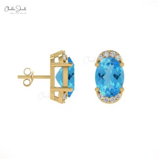 Oval Cut Swiss Blue Topaz 14K Gold Diamond Half Halo Stud Earrings December Birthstone