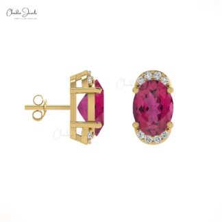 Pink Tourmaline Half Halo Stud Earrings In 14K Solid Gold
