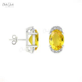 Yellow Sapphire Half Halo Studs 14k Real Gold Diamond Handmade Earrings 7x5mm Oval Cut Natural Gemstone Earrings For Birthday Gift
