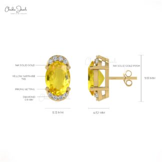 Yellow Sapphire Half Halo Studs 14k Real Gold Diamond Handmade Earrings 7x5mm Oval Cut Natural Gemstone Earrings For Birthday Gift
