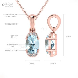 Dainty Diamond Minimal Charm With 7x5mm Aquamarine 14k Solid Gold Half Halo Pendant