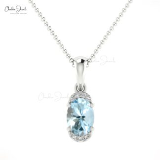 Dainty Diamond Minimal Charm With 7x5mm Aquamarine 14k Solid Gold Half Halo Pendant