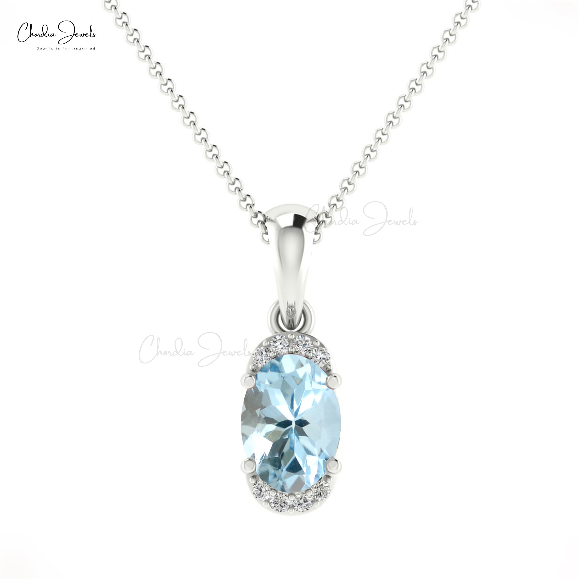 Dainty Diamond Minimal Charm With 7x5mm Aquamarine 14k Solid Gold Half Halo Pendant