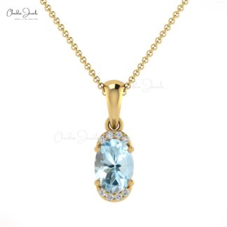 Dainty Diamond Minimal Charm With 7x5mm Aquamarine 14k Solid Gold Half Halo Pendant