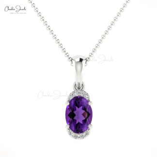 Genuine Amethyst Half Halo Pendant With 7x5mm Gemstone And Diamond 14k Gold Pendant