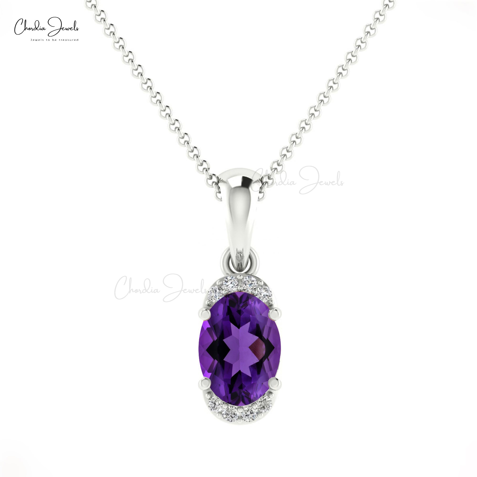 Genuine Amethyst Half Halo Pendant With 7x5mm Gemstone And Diamond 14k Gold Pendant