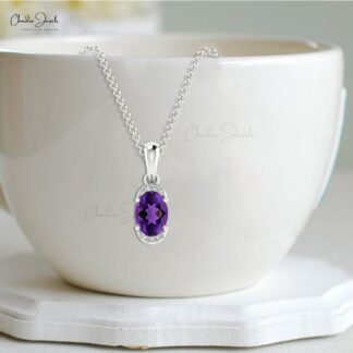 Real 14k White Gold Half Halo Charm With 0.72 Ct Amethyst And Diamond Dangling Pendant