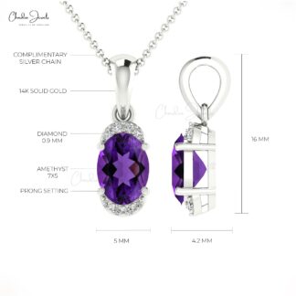 Real 14k White Gold Half Halo Charm With 0.72 Ct Amethyst And Diamond Dangling Pendant