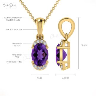 Genuine Amethyst Half Halo Pendant With 7x5mm Gemstone And Diamond 14k Gold Pendant