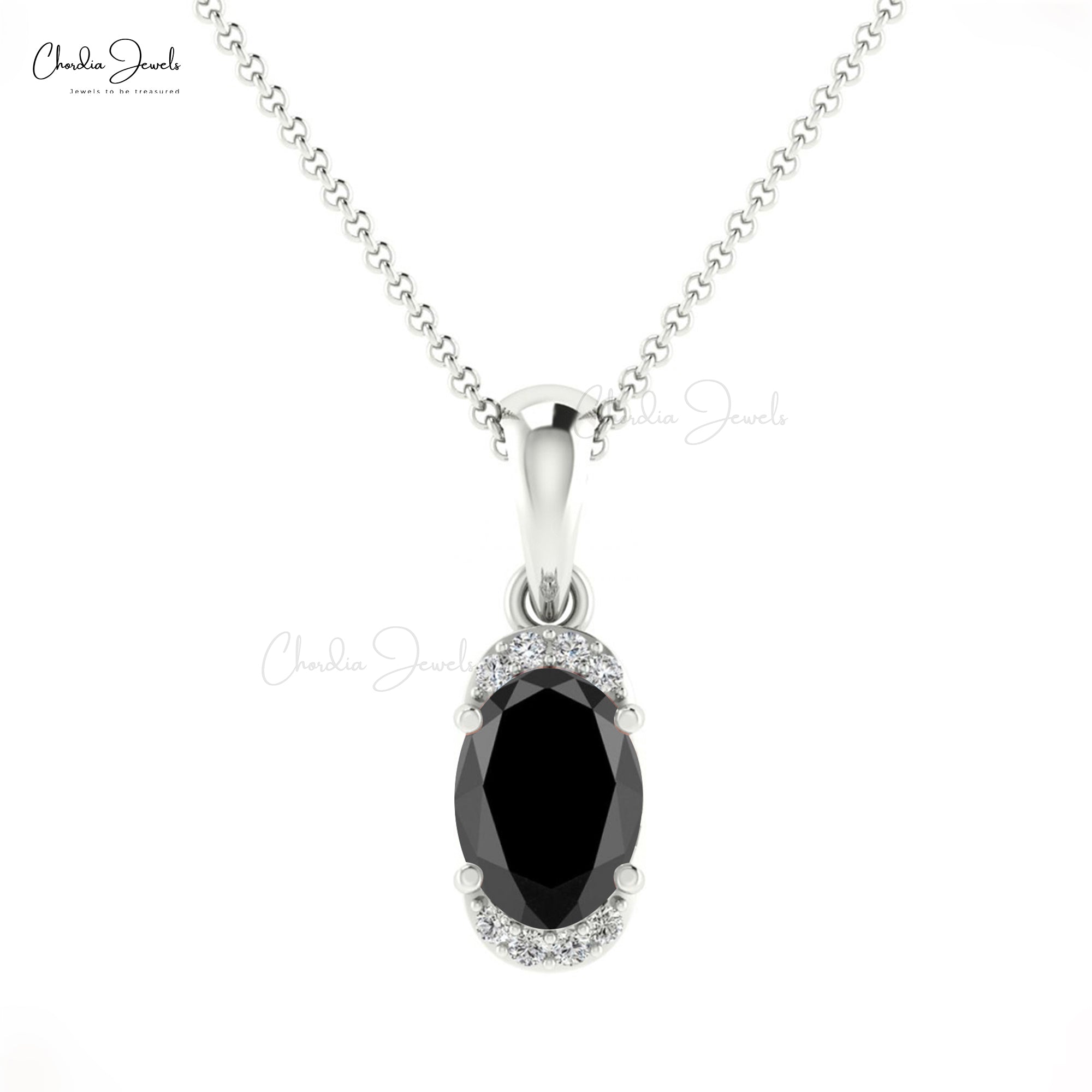 Natural Black Diamond Half Halo Pendant 7x5mm Oval Gemstone Art Deco Pendant 14k Real Gold Hallmarked Fine Jewelry For Easter Day