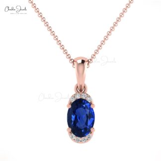 Dainty Diamond Half Halo Pendant With 7x5mm Blue Sapphire 14k Real Gold Pendant For Her