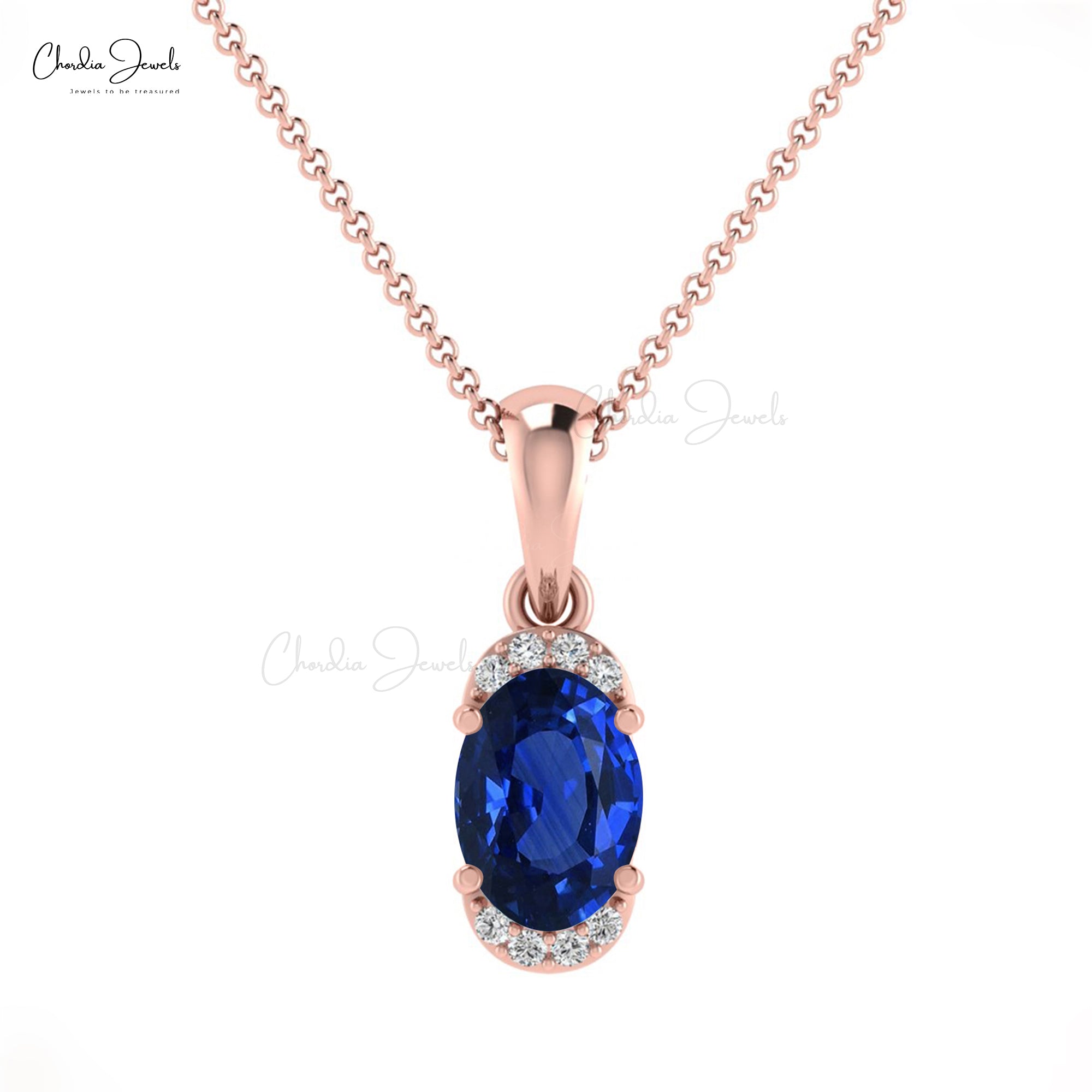 Dainty Diamond Half Halo Pendant With 7x5mm Blue Sapphire 14k Real Gold Pendant For Her