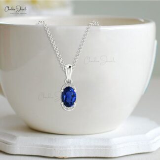 Dainty Diamond Half Halo Pendant With 7x5mm Blue Sapphire 14k Real Gold Pendant For Her