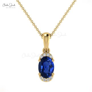 Dainty Diamond Half Halo Pendant With 7x5mm Blue Sapphire 14k Real Gold Pendant For Her