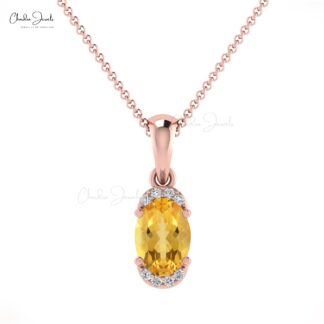 Half Halo Minimalist Pendant In 14k Solid Gold Citrine 7x5mm Gemstone Diamond Pendant